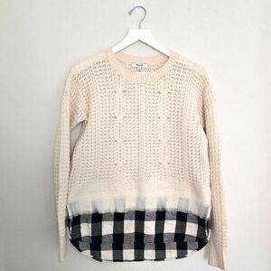 MADEWELL Wintermix 100% Merino Wool Cable Felted Cream Sweater Plaid Hem Size S